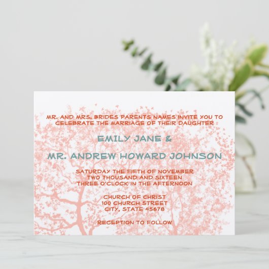 Orange and Aqua Tree Weddings Personalized Invite Einladung (Stehend Vorderseite)