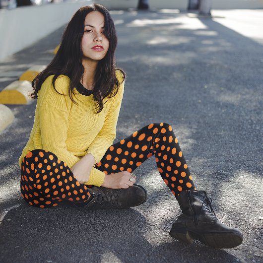 Orange and Black Polka Dots Pattern Halloween Leggings