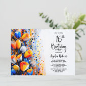 Orange and Blue Floral 16th Birthday Party Einladung (Stehend Vorderseite)