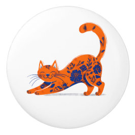 Orange and Blue Floral Cat Door Pull Keramikknauf