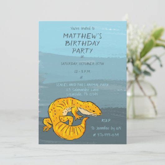Orange and Blue Gecko Lizard Birthday Party Einladung (Stehend Vorderseite)