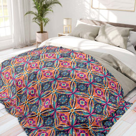 Orange and Blue Geometric Flowers Bohemian Fleecedecke