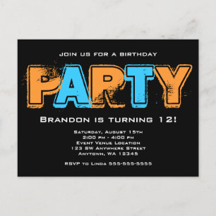 Orange and Blue Grunge Boy Birthday Party Einladungspostkarte