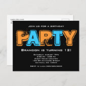 Orange and Blue Grunge Boy Birthday Party Einladungspostkarte (Vorne/Hinten)