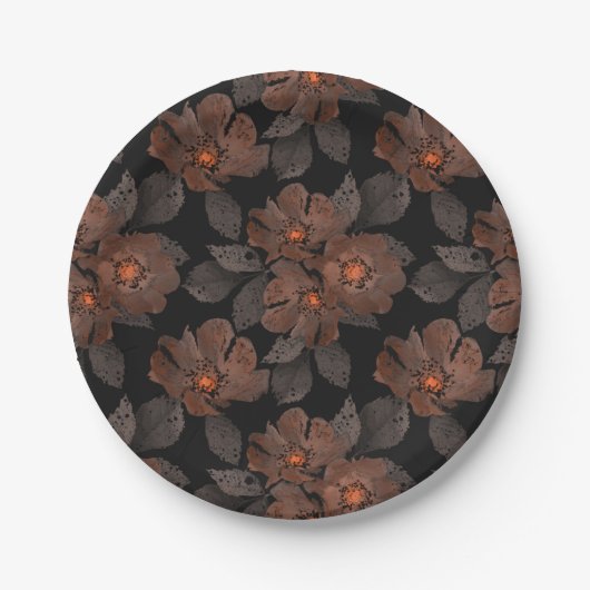 Orange and brown flowers on a black background. pappteller (Vorderseite)