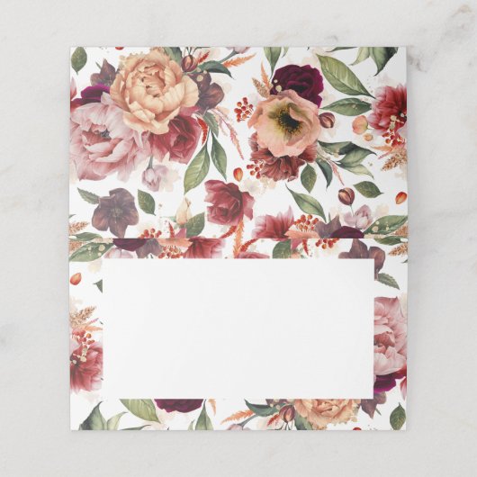 Orange and Burgundy Red Fall Blume Hochzeit Platzkarte (Außenseite Aufgefaltet)