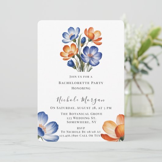 Orange and Cobalt Blue Floral Bachelorette Party Einladung (Stehend Vorderseite)