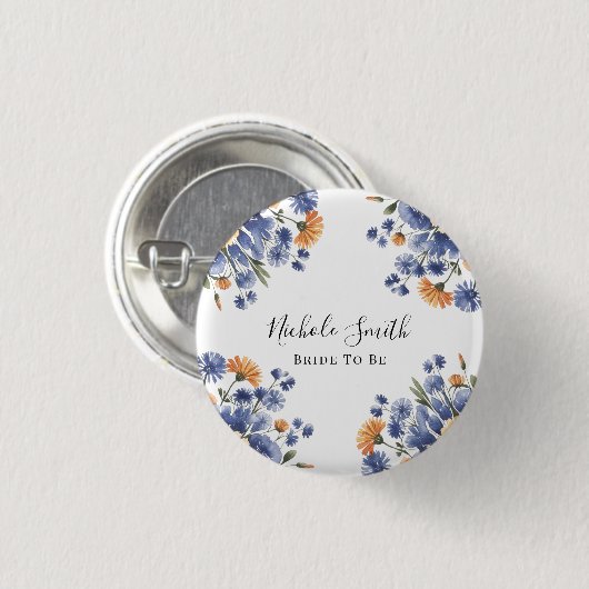 Orange and Cobalt Blue Floral Bride To Be Button (Vorne & Hinten)