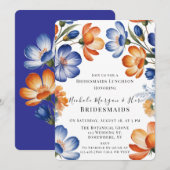 Orange and Cobalt Blue Floral Bridesmaids Luncheon Einladung (Vorne/Hinten)