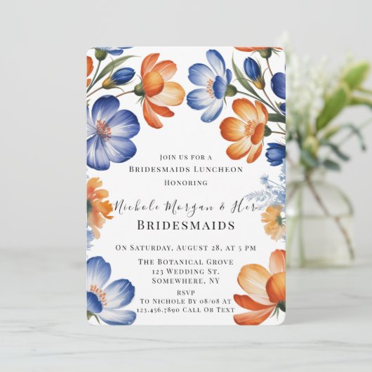 Orange and Cobalt Blue Floral Bridesmaids Luncheon Einladung (Stehend Vorderseite)
