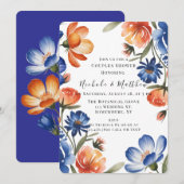 Orange and Cobalt Blue Floral Couples Shower Einladung (Vorne/Hinten)