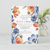Orange and Cobalt Blue Floral Couples Shower Einladung (Stehend Vorderseite)