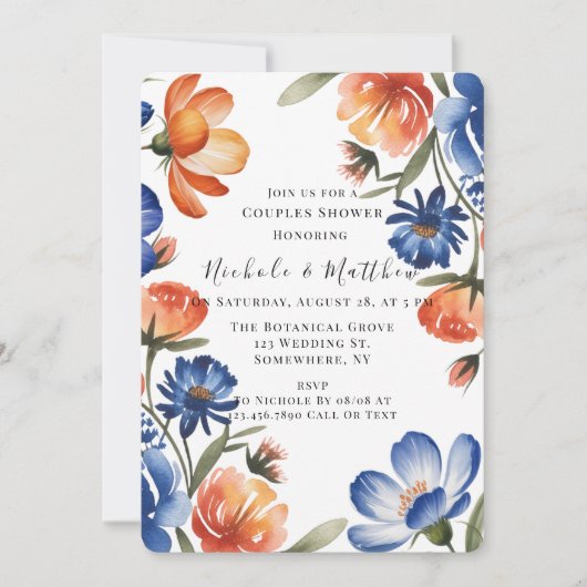 Orange and Cobalt Blue Floral Couples Shower Einladung (Vorderseite)