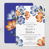Orange and Cobalt Blue Floral Engagement Party Einladung (Vorne/Hinten)
