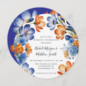 Orange and Cobalt Blue Floral Wedding Celebration Einladung (Vorne/Hinten)