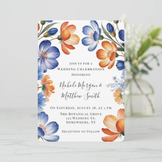 Orange and Cobalt Blue Floral Wedding Celebration Einladung (Stehend Vorderseite)