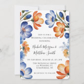 Orange and Cobalt Blue Floral Wedding Celebration Einladung (Vorderseite)