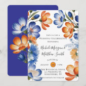 Orange and Cobalt Blue Floral Wedding Celebration Einladung (Vorne/Hinten)