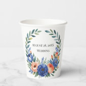 Orange and Cobalt Blue Floral Wedding Pappbecher (Rückseite)