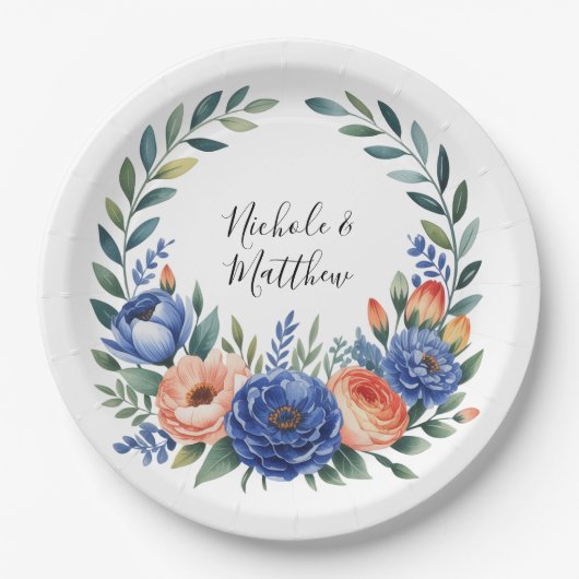 Orange and Cobalt Blue Floral Wedding Pappteller (Vorderseite)