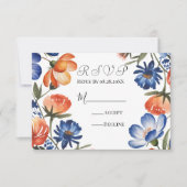Orange and Cobalt Blue Floral Wedding RSVP Karte (Vorderseite)