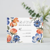 Orange and Cobalt Blue Floral Wedding RSVP Karte (Stehend Vorderseite)
