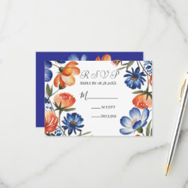 Orange and Cobalt Blue Floral Wedding RSVP Karte