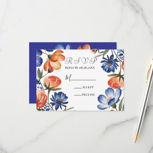 Orange and Cobalt Blue Floral Wedding RSVP Karte (Vorderseite/Rückseite Beispiel)