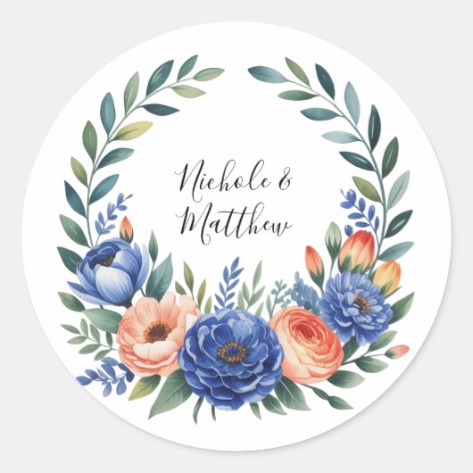 Orange and Cobalt Blue Floral Wedding Runder Aufkleber (Vorderseite)