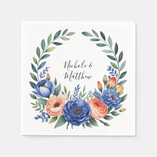 Orange and Cobalt Blue Floral Wedding Serviette (Vorderseite)