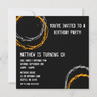 Orange and Gray Grunge Circles Boy Birthday Party Einladung