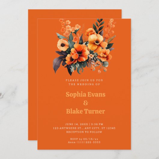 Orange and Green Floral Bouquet Orange Wedding Einladung (Vorne/Hinten)