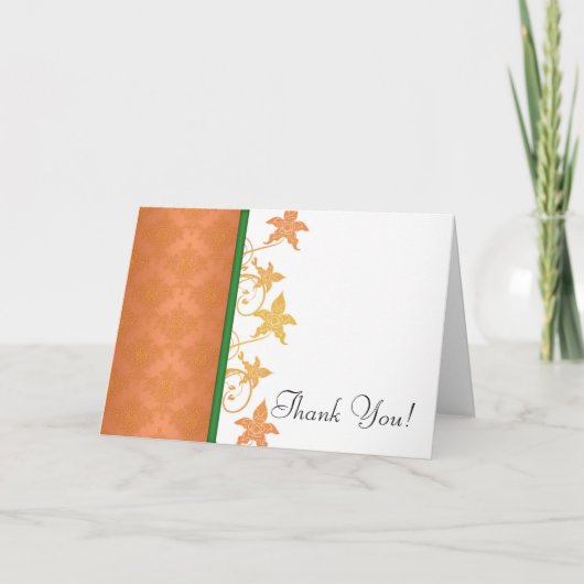 Orange and Green Floral Damask Wedding Danke (Vorderseite)