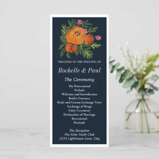 Orange and Navy Floral Modern Bold Wedding Program (Stehend Vorderseite)
