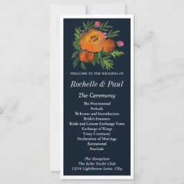 Orange and Navy Floral Modern Bold Wedding Program