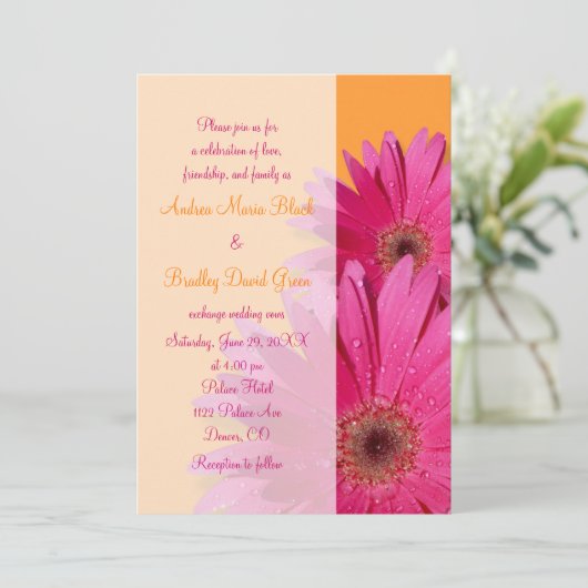 Orange and Pink Gerbera Daisy Wedding Einladung (Stehend Vorderseite)
