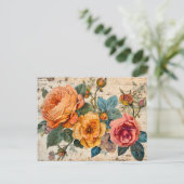 Orange and Pink Roses on Rustic Wood Postkarte (Stehend Vorderseite)