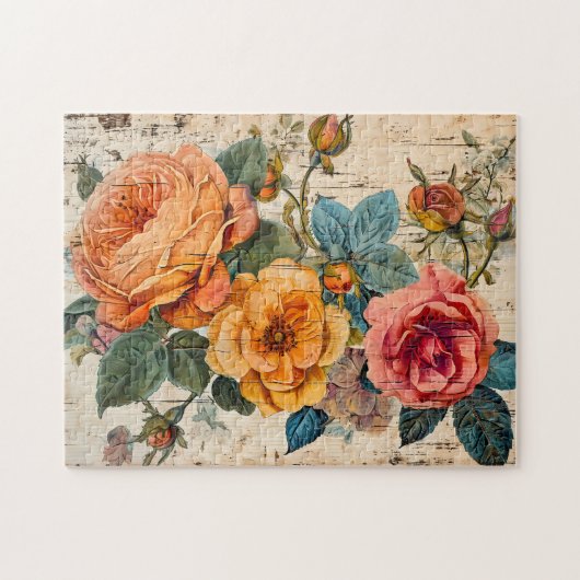 Orange and Pink Roses on Rustic Wood Puzzle (Horizontal)