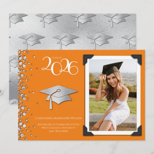 Orange and Silver Graduation Announcement Photo Einladung (Vorne/Hinten)