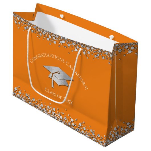 Orange and Silver Graduation Große Geschenktüte (Vorderseite Schrägansicht)