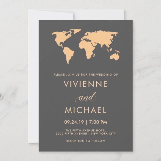 Orange and Smoky Gray World Map Wedding Einladung (Vorderseite)