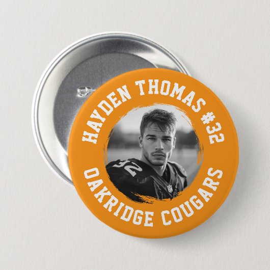 Orange and White Athlete Name Jersey Number Foto Button (Vorne & Hinten)