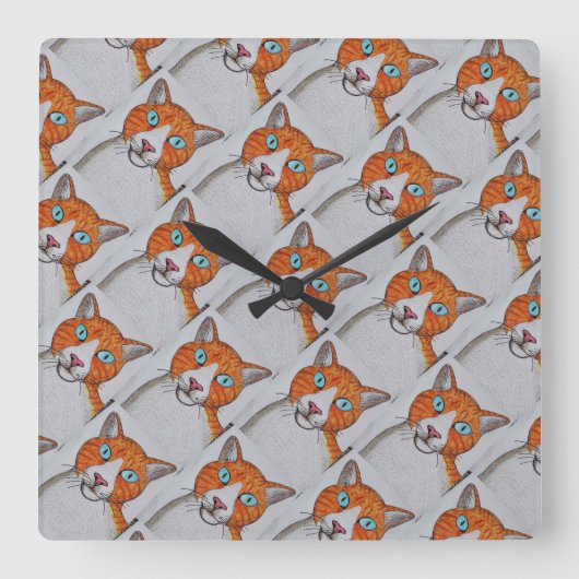 orange and white Cat Wall Clock Quadratische Wanduhr (Vorderseite)