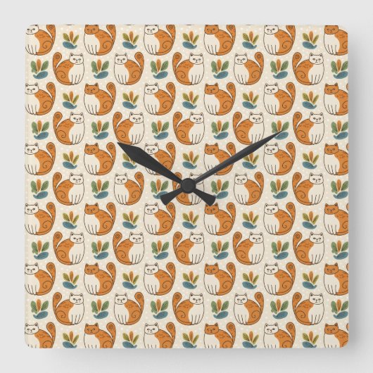 Orange and White Cats Naive Art Style Quadratische Wanduhr (Vorderseite)