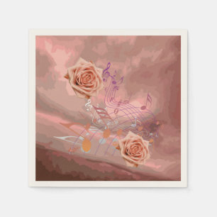 Orange & Apricot Rose & Music Ecru Cocktail Napkin Serviette