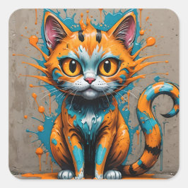 Orange Aqua/Aquamariner Spritzer Katze Quadratischer Aufkleber
