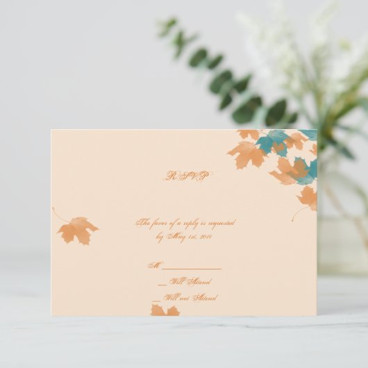 Orange Aqua Autumn Mapsleaf Response Card RSVP Karte (Stehend Vorderseite)