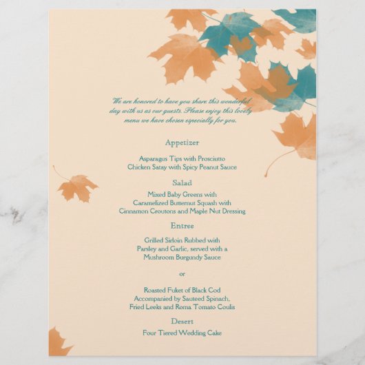 Orange Aqua Herbst Maple Leaf Hochzeitsmenü (Vorderseite)
