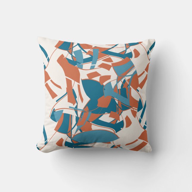 Orange Aqua Turquoise Swirling Floral auf Off-whit Kissen (Vorderseite)