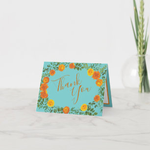 Orange & Aqua Wedding Modern Floral Dankeskarte